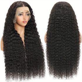 Density Brazilian Virgin Human Hair Deep Curly Lace Front Wigs Transparent HD 13x4 Lace Frontal Wigs Deep Wave 100% Real Human Hair Wigs Remy Pre (Hair Length: 34inch, Color: Black)